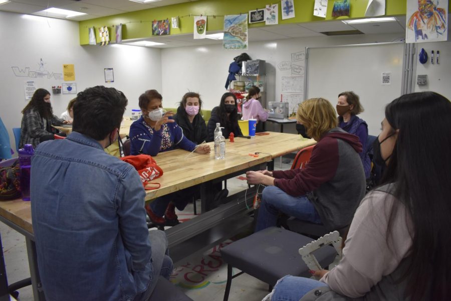 A group of six Pitt faculty, students and Center for Creativity staff gather at the Center this past Thursday.