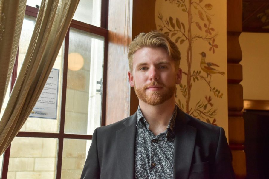 Drew White, a senior majoring in supply chain management and business information systems, in the Cathedral of Learning.