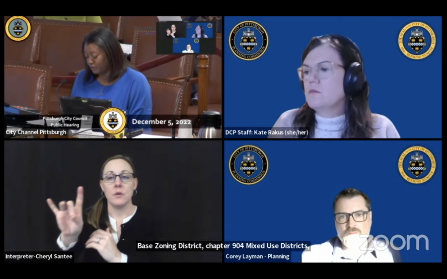 Pittsburgh city council members discuss Oakland zoning proposals in a public meeting over Zoom. 