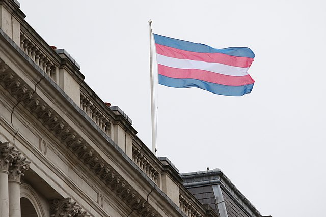 The Transgender Pride Flag flies on the Foreign Office building in London on Transgender Day of Remembrance, Nov. 20, 2017.