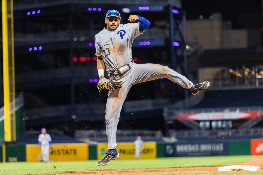 Noah Martinez throws the ball the first for an out  on Wednesday against West Virginia at PNC Park. 