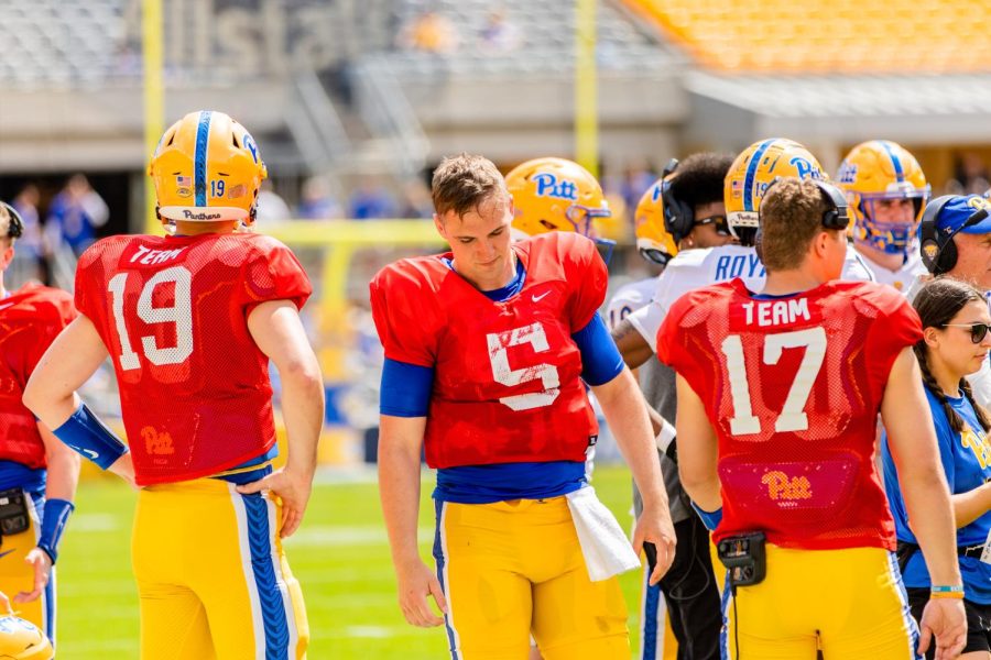 Redshirt senior Phil Jurkovec stands on the side lines during Pitt Football's spring game at Acrisure Stadium. 