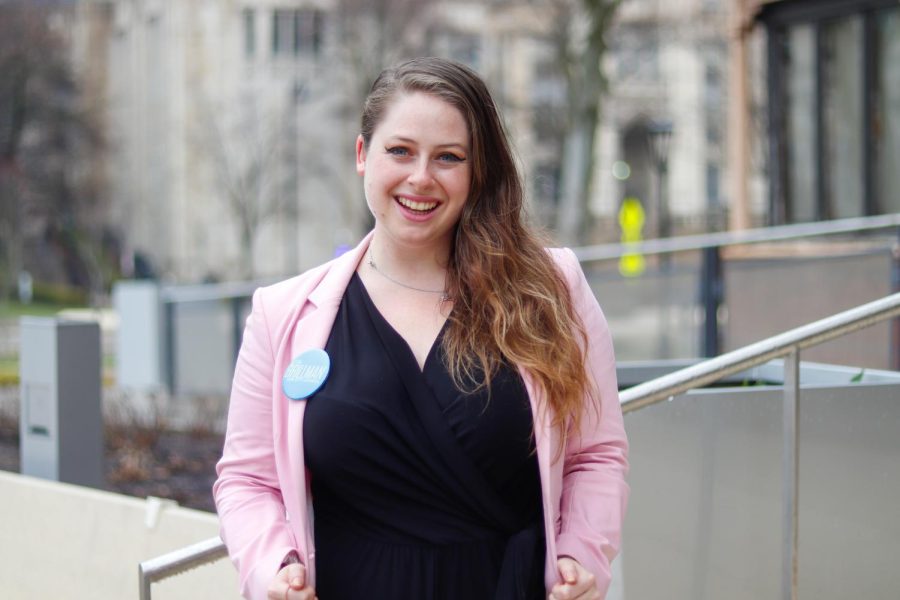 Lita Brillman, a student in the Graduate School of Public and International Affairs, outside of the William Pitt Union.