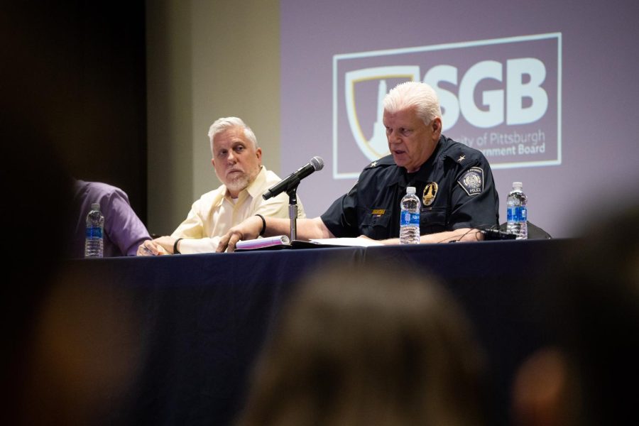 Pitt police chief James Loftus speaks at a town hall in the William Pitt Union about last week’s hoax active shooter threat.