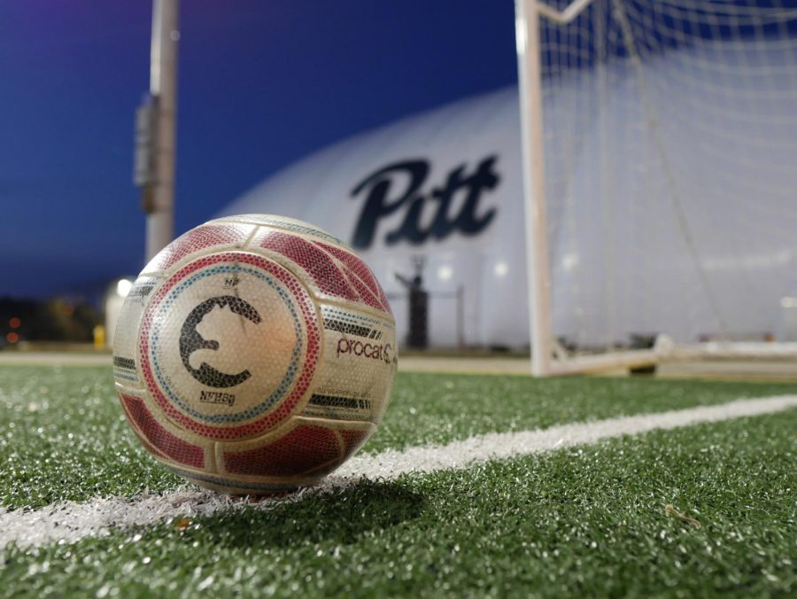 A soccer ball on Pitt’s Ambrose Urbanic Field.
