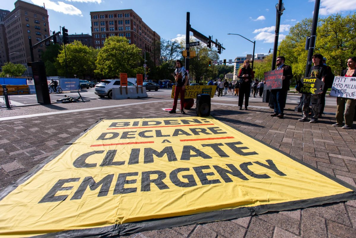 A speaker addressed protestors at an Earth Day rally in Schenley Plaza on Monday. 