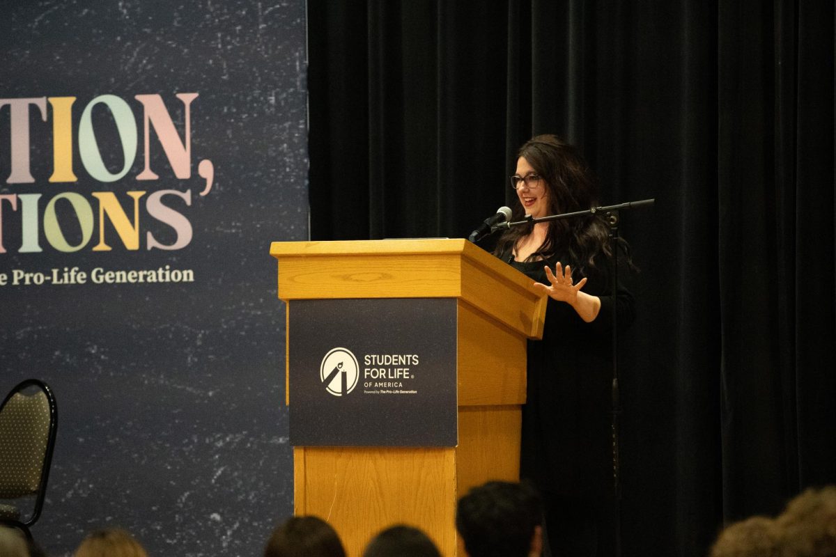 Kristan Hawkins speaks at the Turning Point USA event on Wednesday evening in the O'Hara Student Center.
