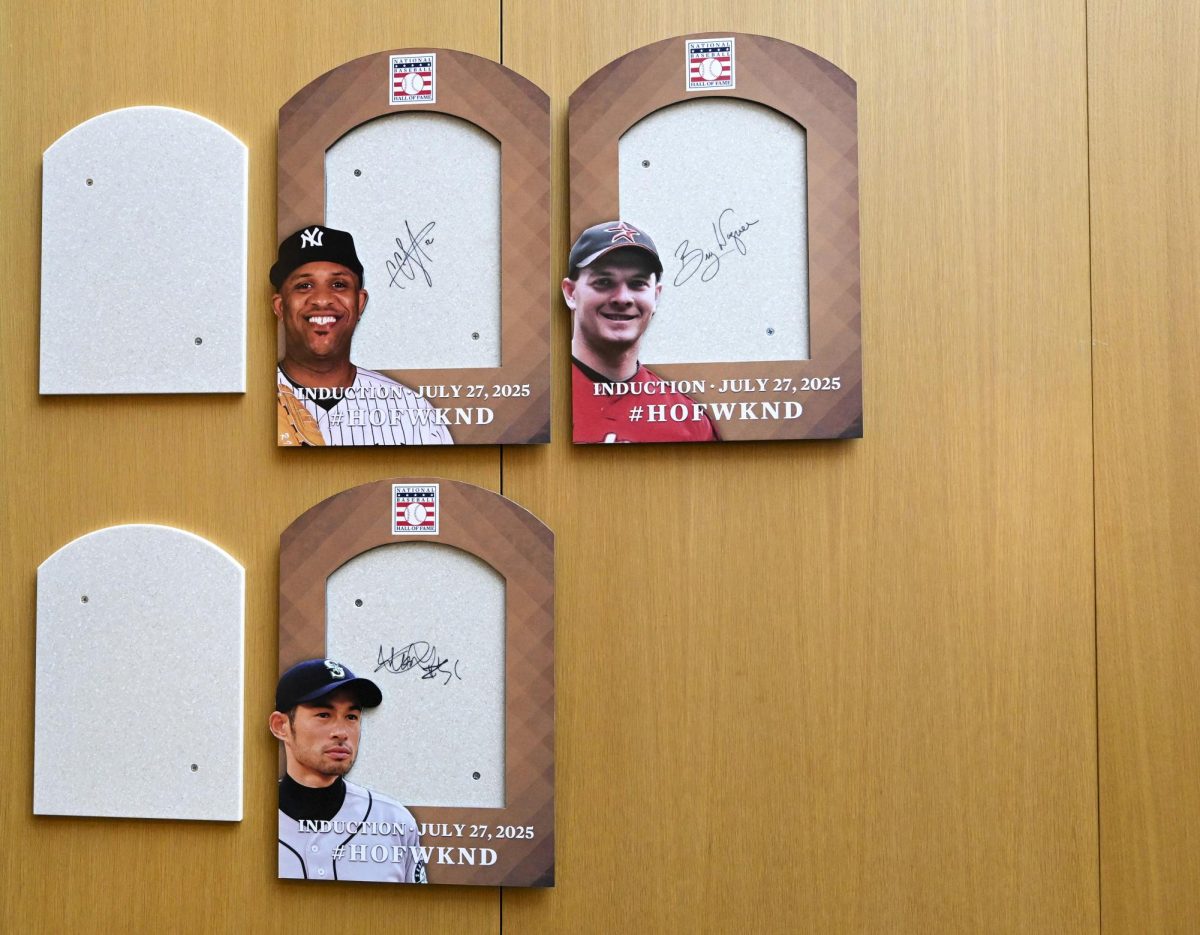 Newly elected Baseball Hall of Fame inductees’ Ichiro Suzuki, CC Sabathia and Billy Wagner signed backer boards are seen where their plaques will hang during a news conference Thursday, Jan. 23 in Cooperstown, N.Y.